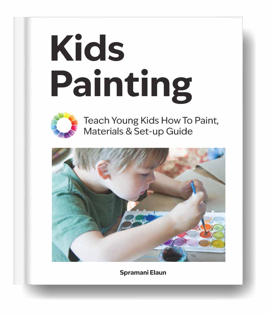 The front cover of Kids Painting book (title and image of young book dipping paintbrush in color palette