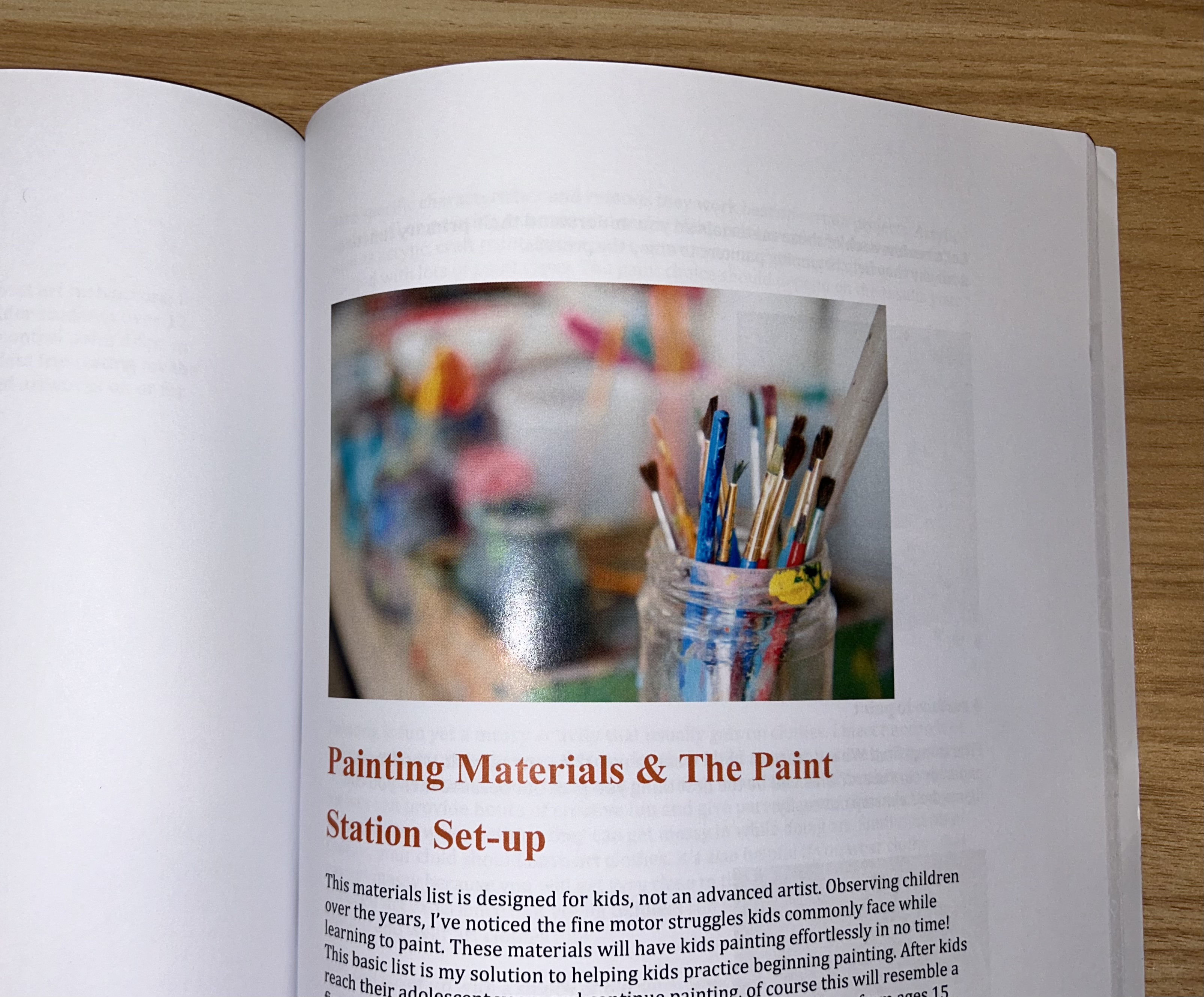 inside page of Kids Painting book, showing picture and example of materials chapter